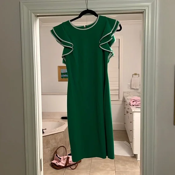 green emerald velvet dress Tommy Hilfiger Women's Sleeveless Ruffle Hem Jewel Neck Crepe Sheath Mini  Dress, Abundant Green, 4 at Amazon Women's Clothing store main image 1